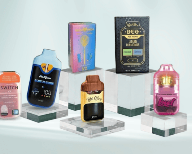 Five multi-chamber THCA disposables side by side