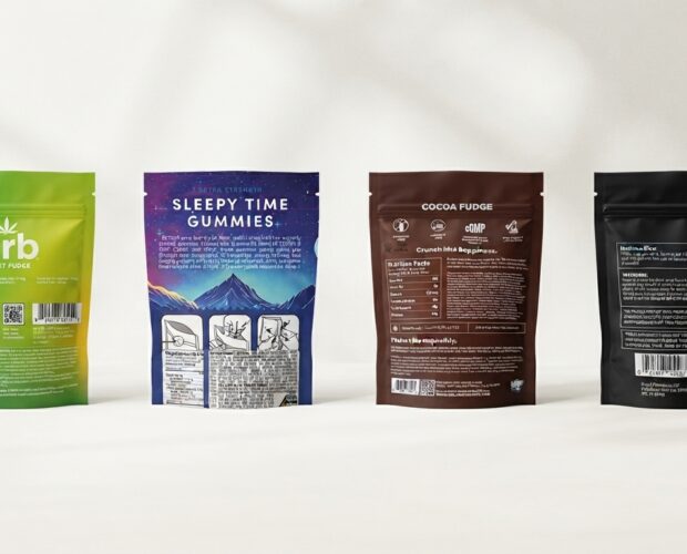 Edible packs labeled with their total mg and their mg per piece